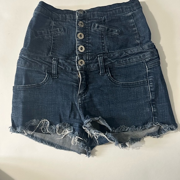 High Waist Blue Denim Shorts with Frayed Hem - Picture 1 of 3